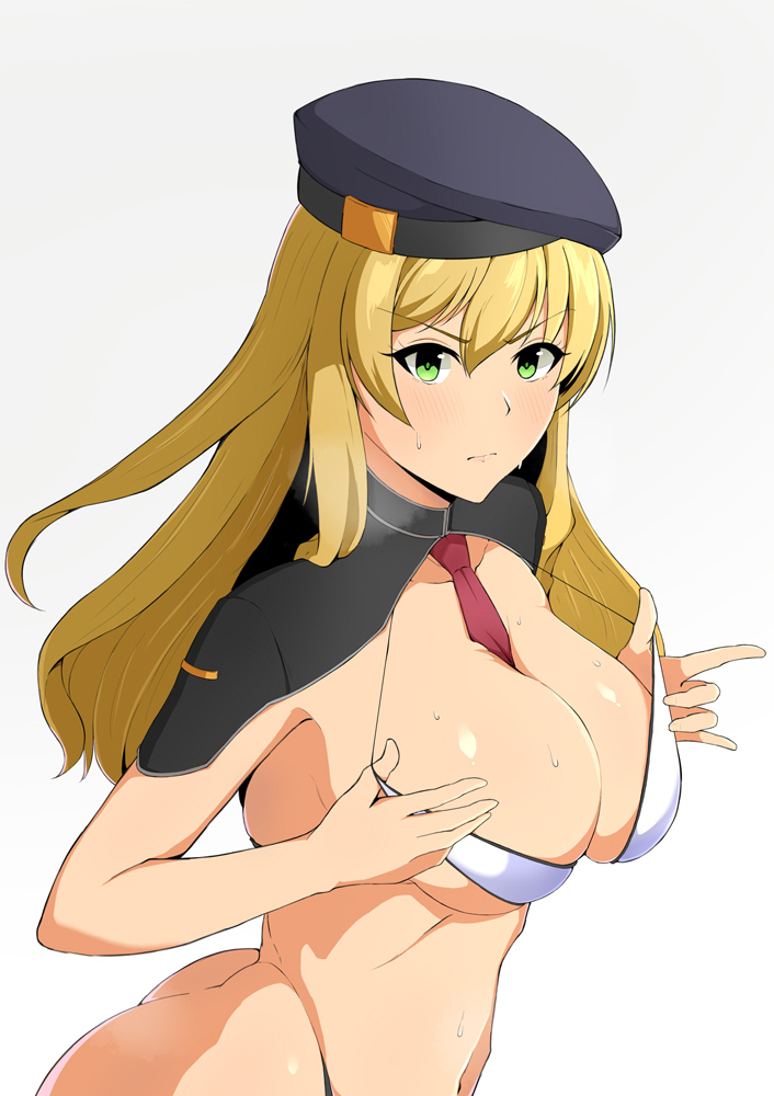 1girl, adapted_costume, ao_no_kiseki, ass, beret, between_breasts, bikini, bikini_pull, bikini_top_only, black_hat, blonde_hair, blush, breasts, cleavage, closed_mouth, clothes_pull, cowboy_shot, eiyuu_densetsu, female_focus, gradient_background, green_eyes, grey_background, hair_between_eyes, hat, large_breasts, large_pasta, lips, long_hair, looking_at_viewer, micro_bikini, midriff, mireille_(eiyuu_densetsu), navel, necktie, necktie_between_breasts, red_necktie, shrug_(clothing), simple_background, solo, string_bikini, sweat, swimsuit, white_background, white_bikini, zero_no_kiseki
