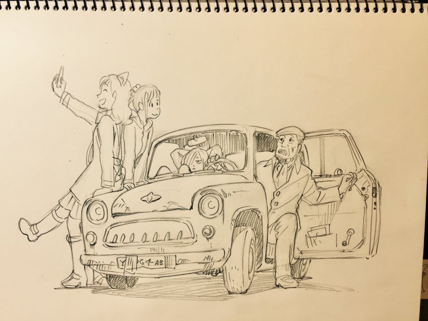 2boys, 2girls, animal_ears, arms_behind_head, beard, boots, car, cat_ears