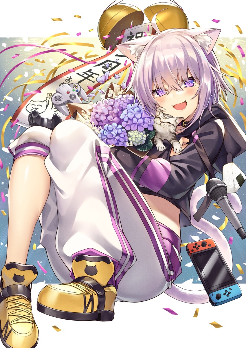 1girl, ahoge, animal, animal_ear_fluff, animal_ears, animal_print, anniversary, asymmetrical_pants