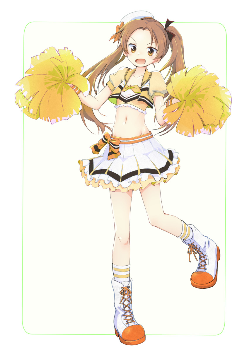 1girl, beret, black_ribbon, boots, border, bow, brown_eyes, brown_hair, cheerleader, coco's, commentary, double_horizontal_stripe, female_focus, frilled_skirt, frills, girls_und_panzer, green_border, hair_ribbon, hat, hat_bow, headband, highres, holding, holding_pom_poms, jacket, kadotani_anzu, lace-up_boots, long_hair, looking_at_viewer, miniskirt, moro_(like_the_gale!), navel, open_mouth, orange_background, outside_border, parted_bangs, pleated_skirt, pom_pom_(cheerleading), pom_poms, puffy_short_sleeves, puffy_sleeves, ribbon, rounded_corners, shirt, short_sleeves, single_horizontal_stripe, skirt, smile, socks, solo, standing, standing_on_one_leg, tilted_headwear, twintails, white_boots, white_headband, white_skirt, white_socks, wristband, yellow_jacket, yellow_shirt