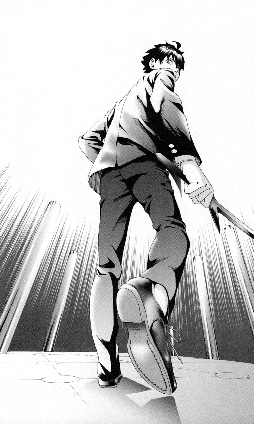 1boy, absurdres, akashi_eight, highres, kimi_wa_008, looking_back, matsuena_shun, monochrome, official_art, scan, school, sword, third-party_edit, weapon