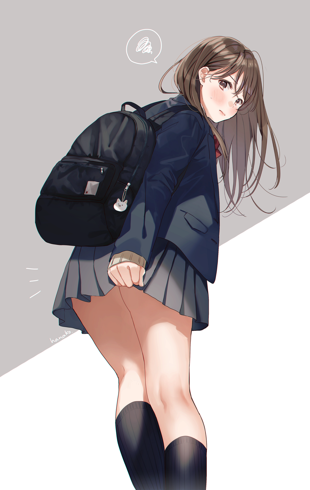 1girl, artist_name, bag_charm, black_skirt, black_socks, blush, brown_eyes, brown_hair