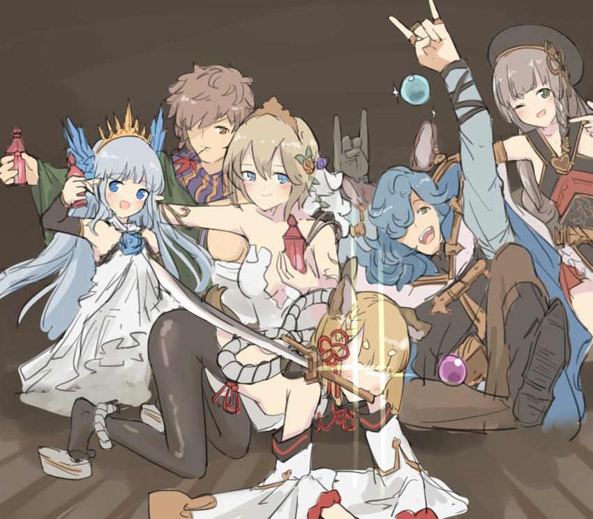 2boys, 4girls, animal_ears, blush, dog_ears, drang_(granblue_fantasy), erune, europa_(granblue_fantasy), glowing, glowing_eyes, gran_(granblue_fantasy), granblue_fantasy, group_picture, highres, holding, holding_sword, holding_weapon, kengo_(granblue_fantasy), lily_(granblue_fantasy), lyrinne, multiple_boys, multiple_girls, on_floor, pantyhose, pholia, pointing, potion, reference_work, sword, vajra_(granblue_fantasy), weapon