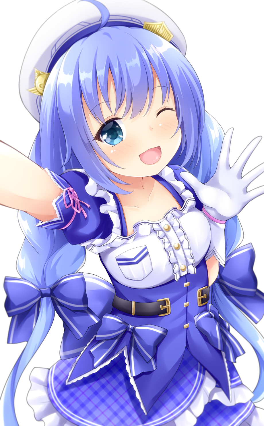 1girl, ;d, ahoge, beret, blue_bow, blue_eyes, blue_hair, blue_skirt