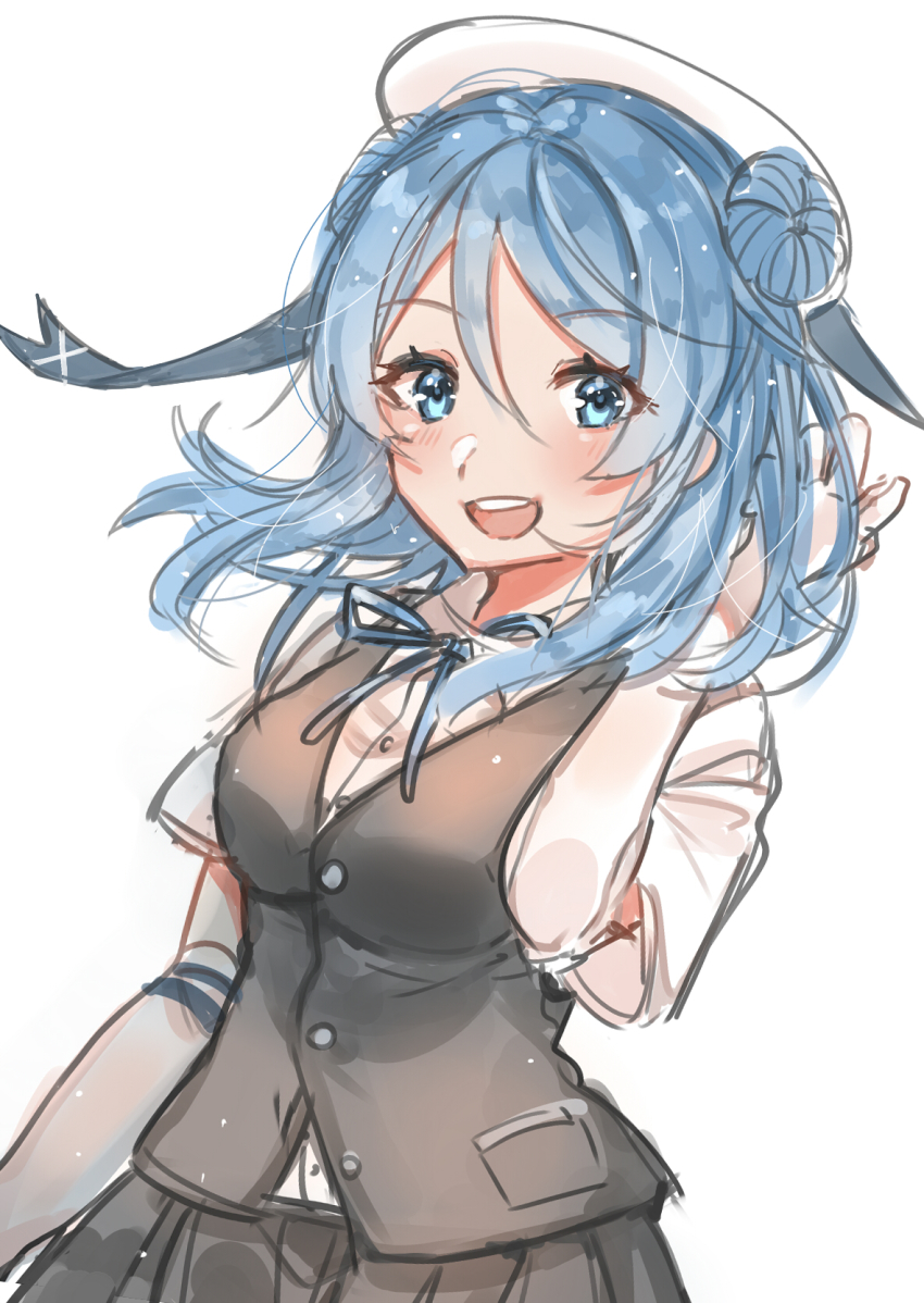 1girl, alternate_costume, blue_hair, blue_ribbon, blush, breasts, cosplay, double_bun