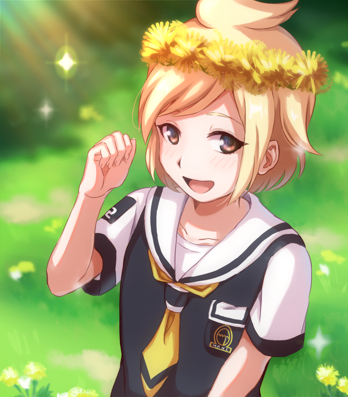 1girl, :d, blonde_hair, blurry, blurry_background, brown_eyes, collarbone, day