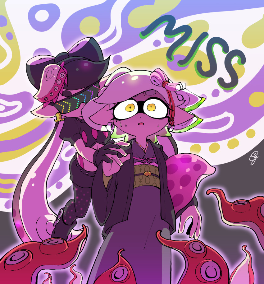 +_+, abstract_background, bad_end, black_footwear, black_gloves, black_hair, black_legwear, boots, callie_(octo_idol_outfit)_(splatoon), callie_(splatoon), collar, colorful, constricted_pupils, cousins, crop_top, earrings, food, food_art, food_on_head, ggrks05, gloves, gradient_hair, grey_kimono, hair_ornament, highres, inkling, japanese_clothes, jewelry, kanzashi, kimono, marie_(kimono)_(splatoon), marie_(splatoon), midriff, mind_control, mole, mole_under_eye, multicolored_hair, nintendo, obi, object_on_head, pantyhose, pantyhose_under_shorts, pointy_ears, pushing, sash, scared, shorts, spiked_belt, spiked_collar, spikes, splatoon_(series), splatoon_2, squidbeak_splatoon, suction_cups, sunglasses, sweatdrop, tako-san_wiener, tech_control, tentacle_hair, tentacles, thick_eyebrows, thong, tinted_eyewear, visor, white_hair, wide-eyed, yukata