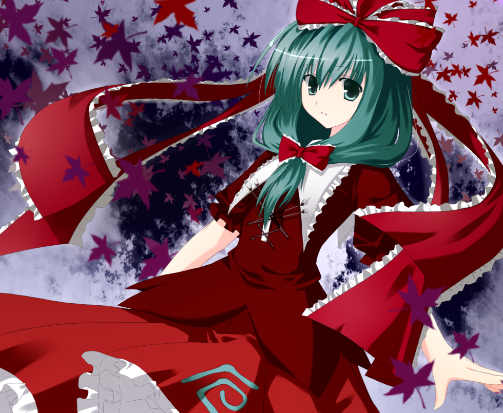 1girl, bad_id, bad_pixiv_id, female_focus, front_ponytail, green_eyes, green_hair, hair_ribbon