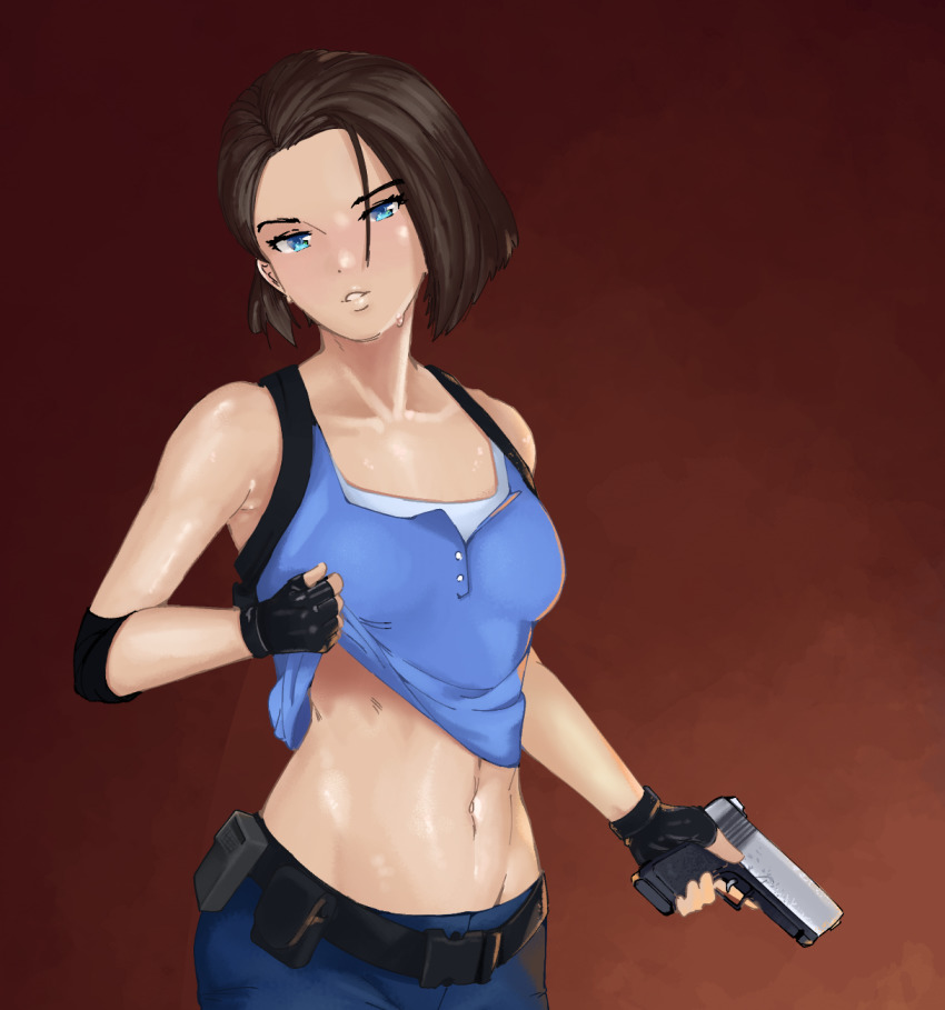 1girl, abs, belt, blue_eyes, blue_shirt, brown_hair, denim, female_focus