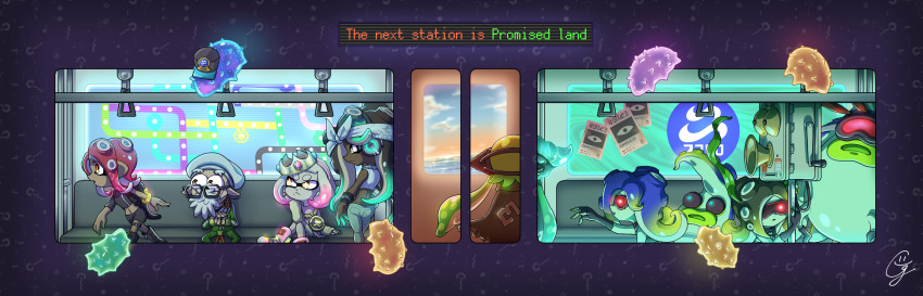 1boy, 3others, 6+girls, agent_8_(splatoon), aqua_hair, aqua_skin, asymmetrical_sleeves, backwards_hat