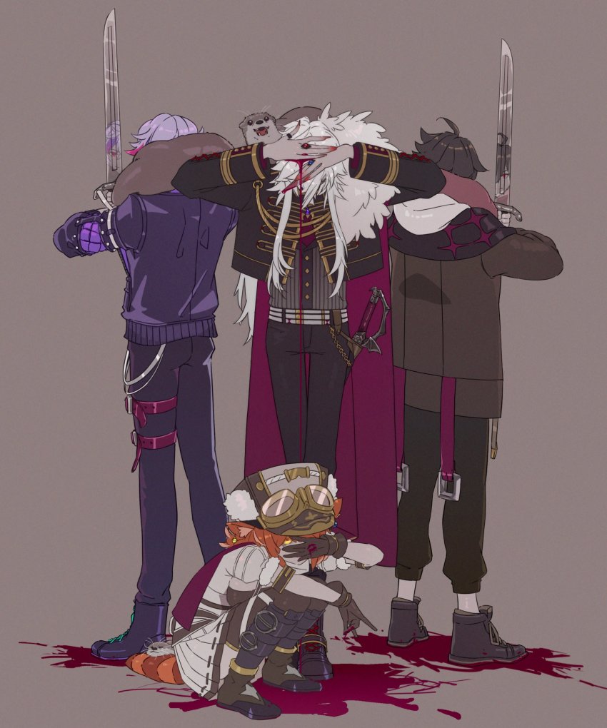 1girl, 3boys, ahoge, animal, animal_on_shoulder, animal_request, arms_up, black_footwear