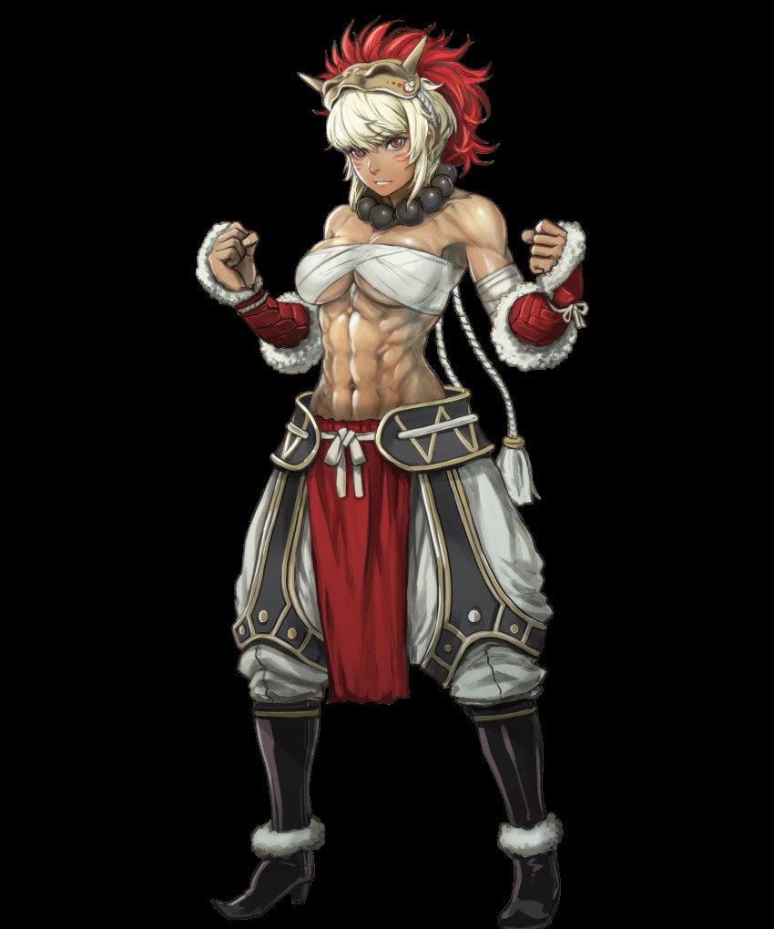 1girl, abs, bandaged_arm, bandages, bare_shoulders, biceps, black_boots, boots