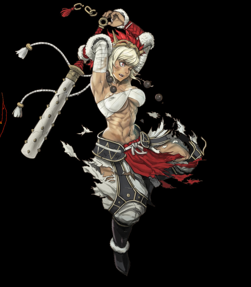 1girl, abs, armpits, bandaged_arm, bandages, biceps, black_boots, boots