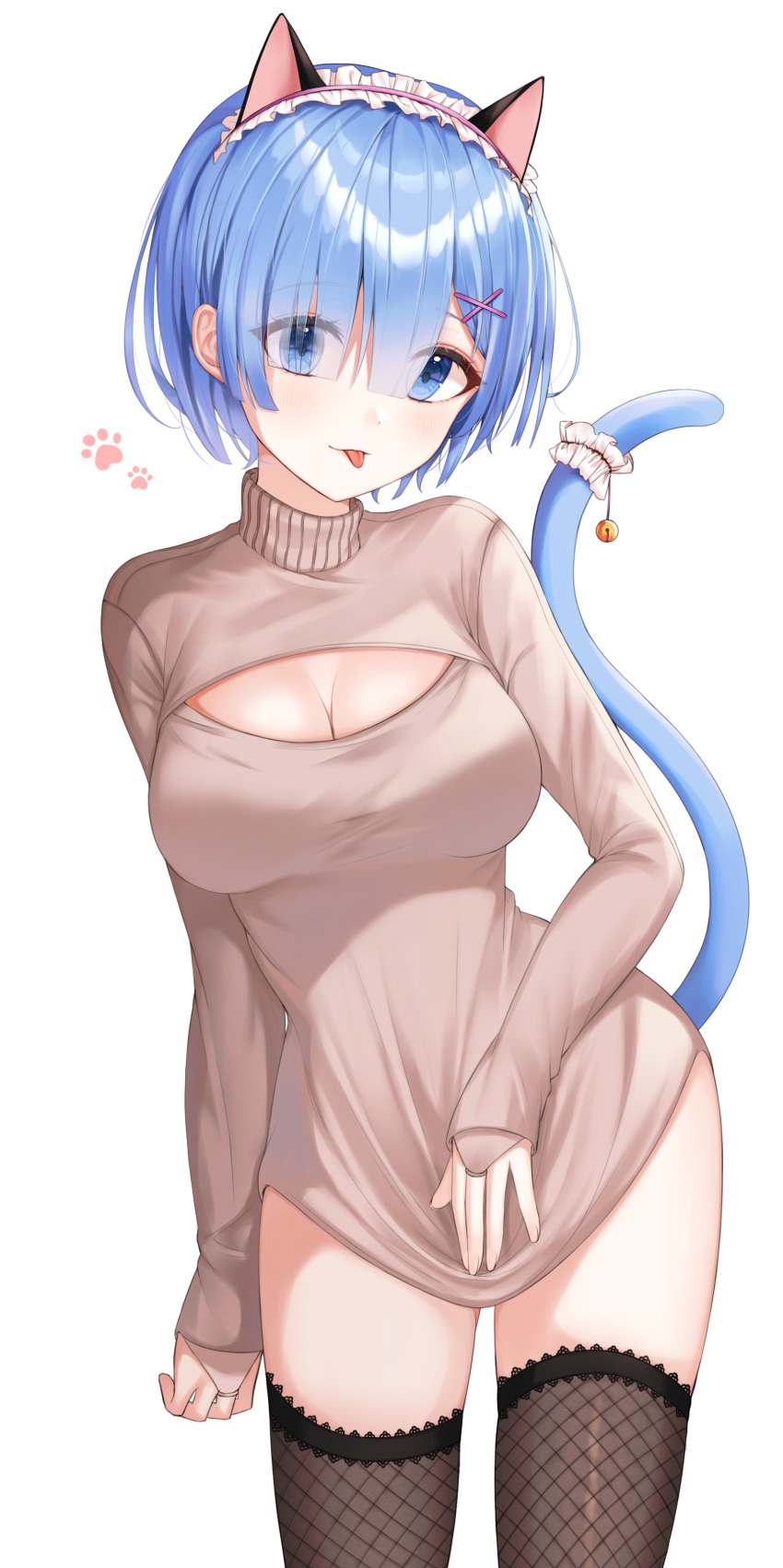 1girl, absurdres, animal_ears, black_thighhighs, blue_eyes, blue_hair, breasts, cat_ears