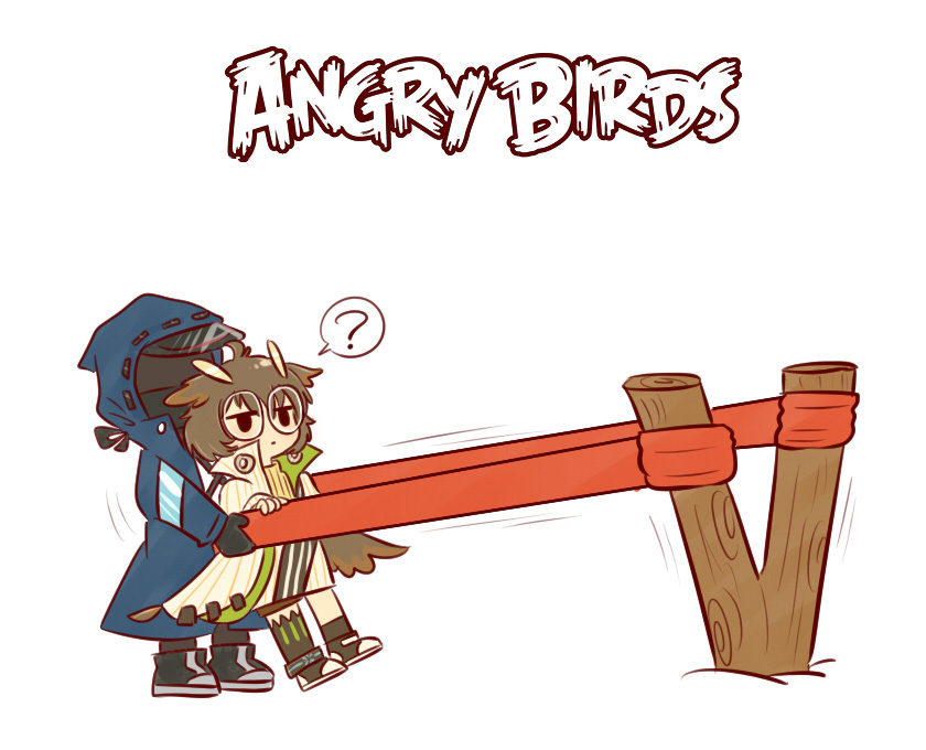 1boy, 1girl, ?, angry_birds, arknights, batkangaroo, brown_eyes, brown_hair, chinese_commentary, doctor_(arknights), feather_hair, glasses, owl_ears, silence_(arknights), slingshot_(weapon), spoken_question_mark, stretching