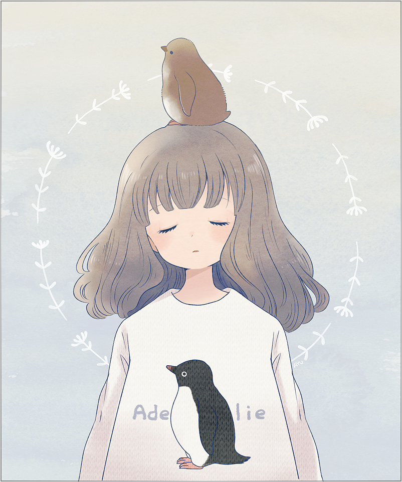 1girl, adelie_penguin, animal, animal_on_head, ayu_(mog), baby_animal, bad_id, bad_pixiv_id