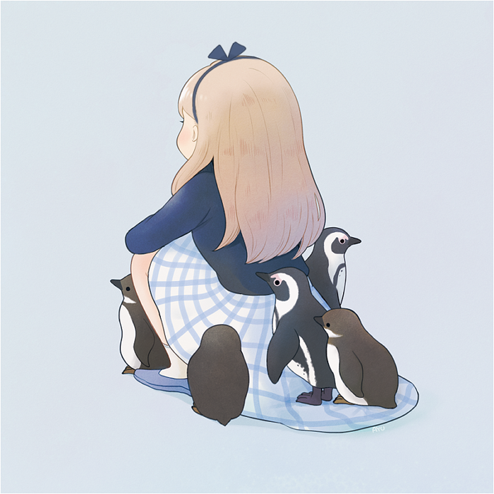1girl, african_penguin, ayu_(mog), baby_animal, bad_id, bad_pixiv_id, bird, blonde_hair, blue_shirt, blue_shoes, blue_skirt, blush, facing_away, female_focus, from_behind, grey_background, hairband, long_hair, long_sleeves, original, penguin, penguin_chick, shirt, shoes, signature, simple_background, sitting, skirt, solo, striped_clothes, striped_skirt