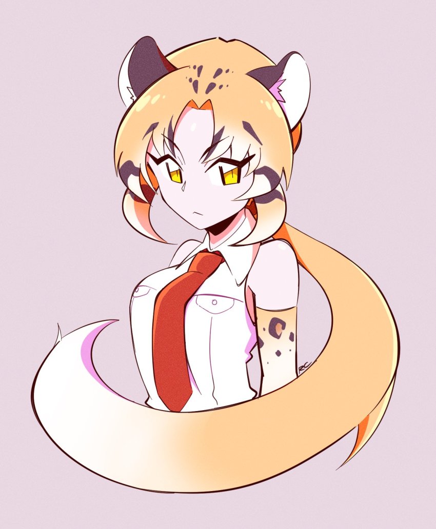 1girl, :<, animal_ears, artsy-rc, bare_shoulders, breast_pocket, closed_mouth, clouded_leopard_(kemono_friends)