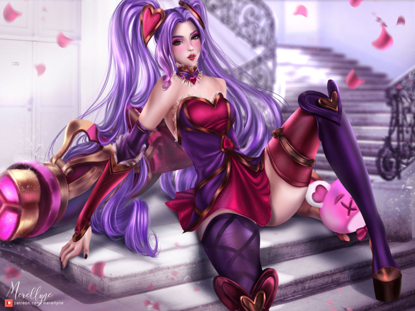 1girl, boots, dress, heartseeker_jinx, jinx_(league_of_legends), knee_boots, league_of_legends, lipstick, long_hair, makeup, merellyne, platform_boots, platform_footwear, purple_hair, weapon