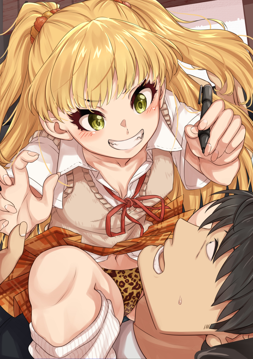 1boy, 1girl, animal_print, black_hair, blonde_hair, blush, breasts, cardigan_vest