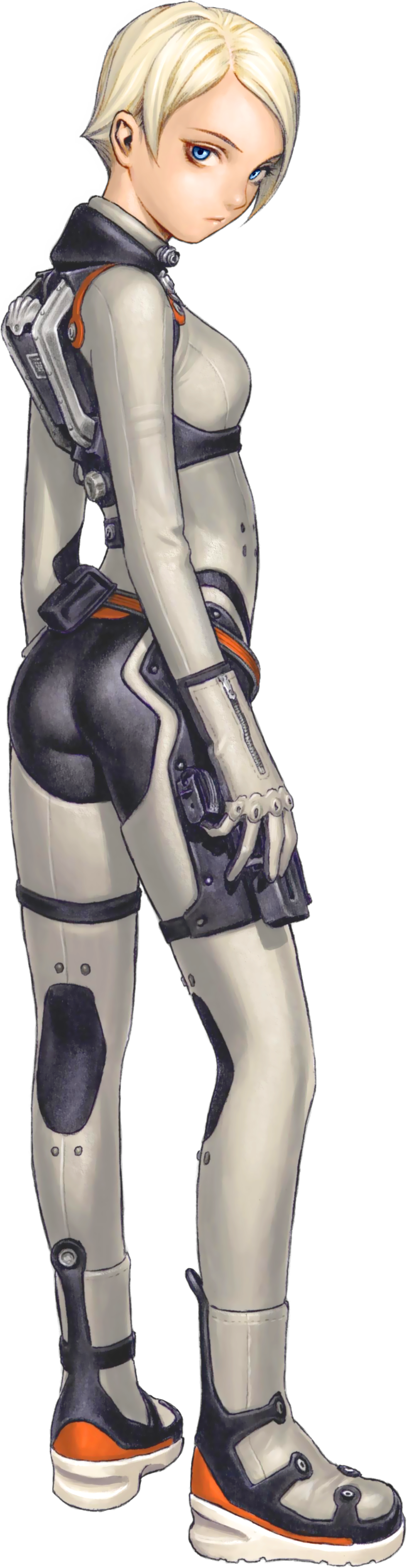 absurdres, access_games, ass, blonde_hair, blue_eyes, bodysuit, boots, full_body, gloves, gun, highres, long_image, murata_range, sheila_crawford, spy_fiction, standing, tall_image, transparent_background, weapon, zipper