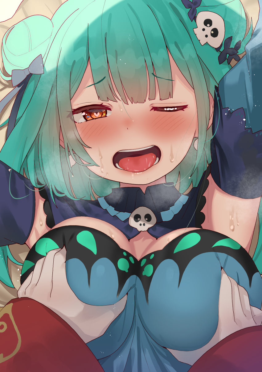 2girls, absurdres, alternate_breast_size_(larger), animal_print, april_fools, arms_up, bed_sheet, blue_dress