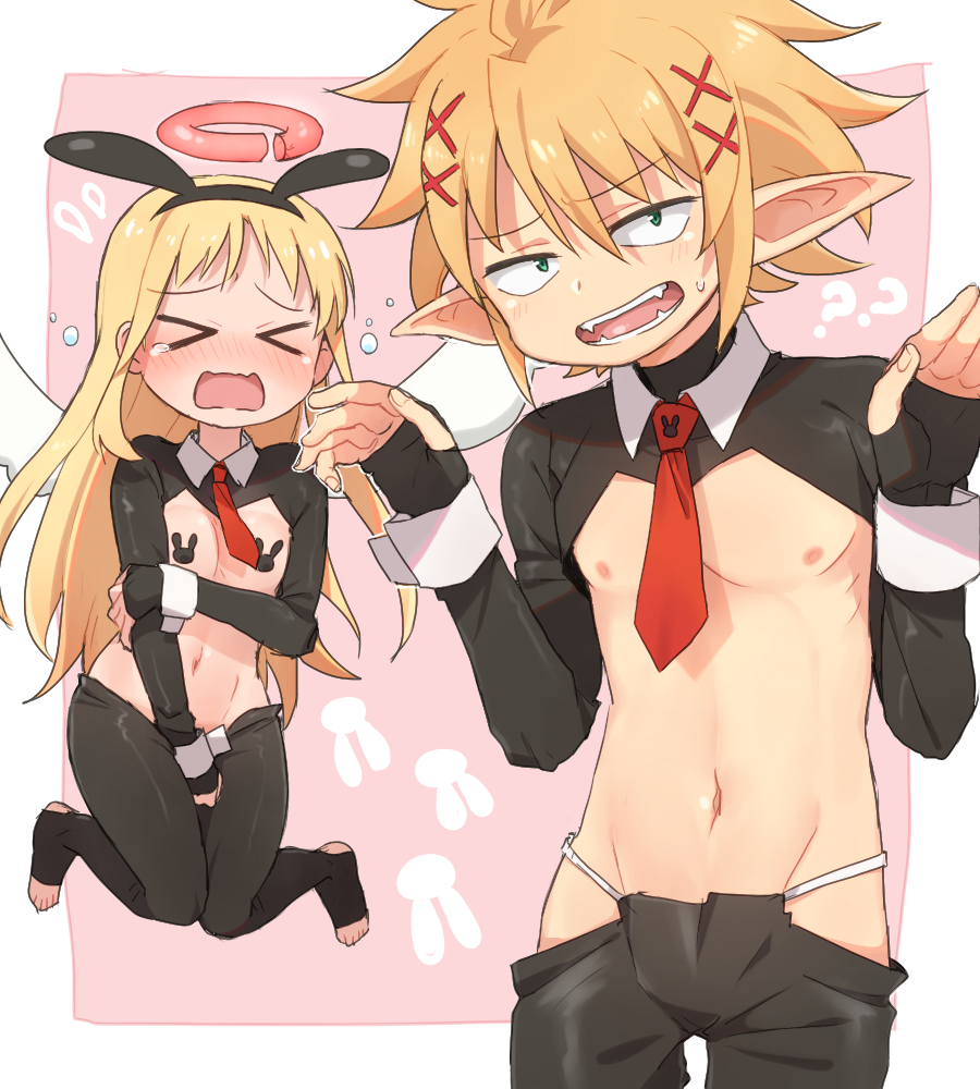 >_<, 1boy, 1girl, 1other, angel, animal_ears, black_shrug, blonde_hair