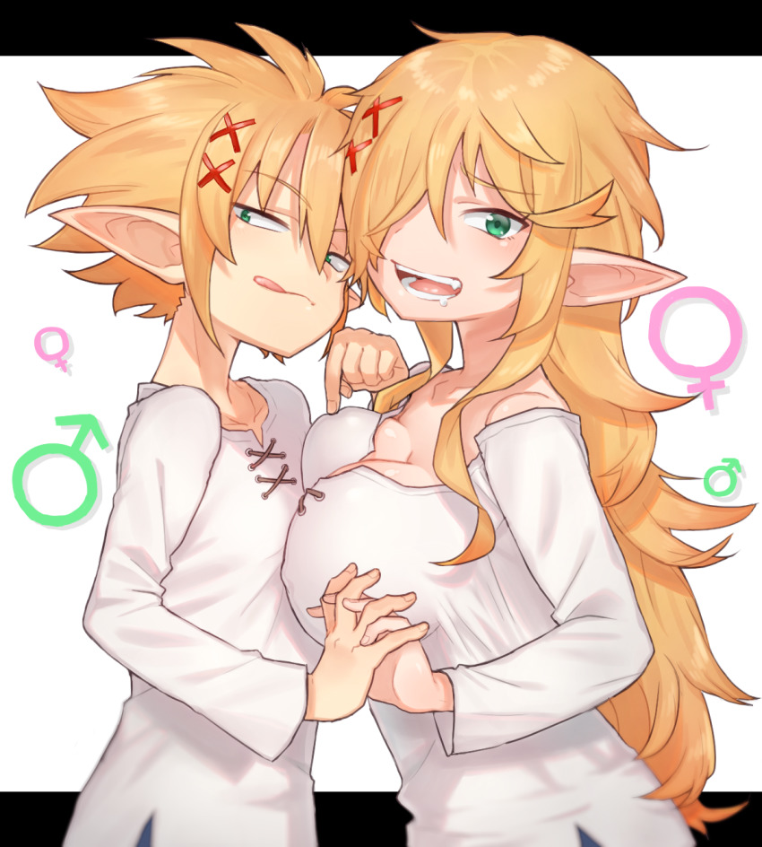 1boy, 1girl, breasts, dual_persona, elf, genderswap, genderswap_(mtf), green_eyes, hair_over_one_eye, highres, interlocked_fingers, ishuzoku_reviewers, komiya_harumoto, large_breasts, licking_lips, long_hair, long_sleeves, looking_at_viewer, mars_symbol, no_bra, open_mouth, pointing, pointy_ears, saliva, simple_background, tongue, tongue_out, upper_body, venus_symbol, white_background, zel_(ishuzoku_reviewers), zellie