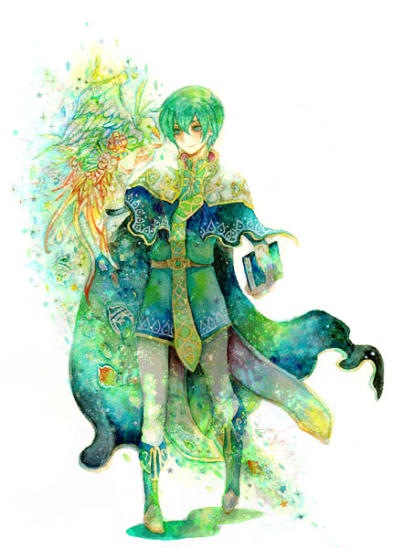 1boy, bad_id, bad_pixiv_id, bird, bird_on_hand, book, boots, cape