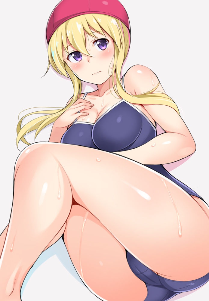1girl, ass, ass_focus, blonde_hair, blue_one-piece_swimsuit, blush, breasts, cleavage