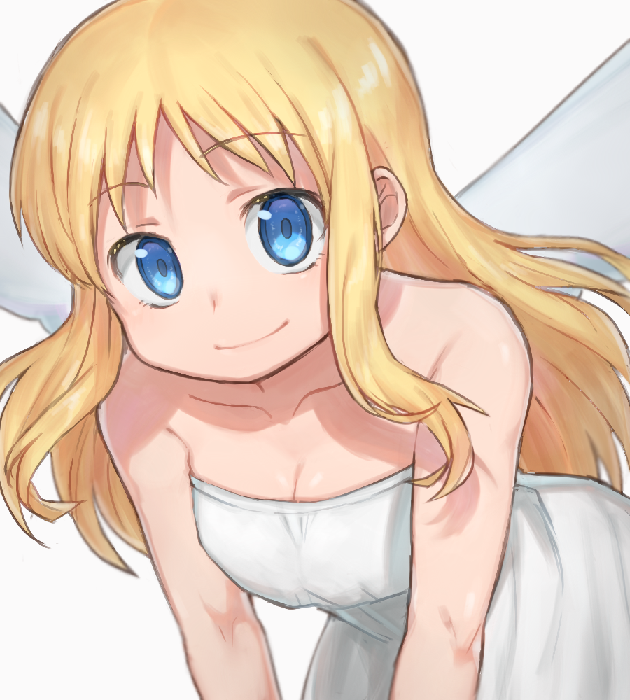 1girl, 1other, angel, angel_wings, bare_shoulders, blonde_hair, blue_eyes, breasts, cleavage, closed_mouth, crimvael, dress, female_focus, ishuzoku_reviewers, komiya_harumoto, long_hair, looking_at_viewer, medium_breasts, other_focus, smile, solo, strapless, strapless_dress, upper_body, v_arms, white_dress, wings
