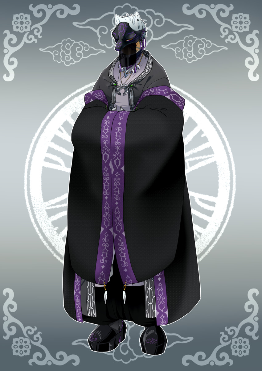 1boy, animal_ears, black_footwear, full_body, grey_background, handa_(sion621), highres, jewelry, male_focus, mask, necklace, pixiv_fantasia, pixiv_fantasia_last_saga, robe, simple_background, solo, standing, wide_sleeves