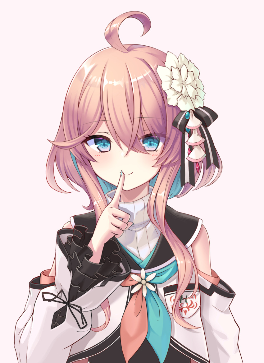 1girl, ahoge, bare_shoulders, black_ribbon, blue_eyes, blue_hair, blue_nails, closed_mouth