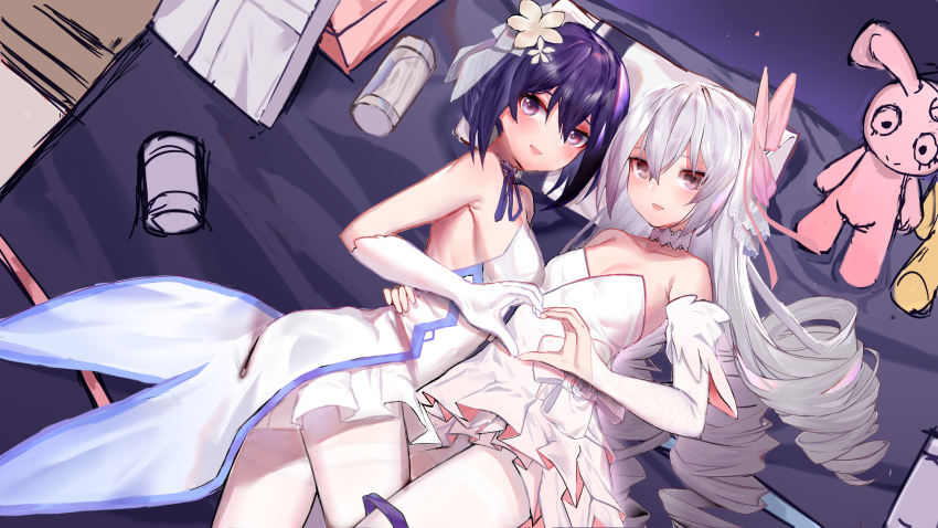 2girls, absurdres, bad_id, bad_pixiv_id, bed_sheet, blue_eyes, blue_hair, blush