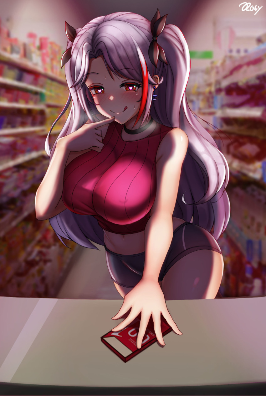 1girl, absurdres, azur_lane, blush, breasts, buying_condoms, condom_box, crop_top, female_focus, grey_shorts, hair_between_eyes, heart, heart-shaped_pupils, heart_in_eye, highres, large_breasts, long_hair, looking_at_viewer, multicolored_hair, navel, okamoto_condoms, prinz_eugen_(azur_lane), red_hair, red_shirt, shirt, shop, short_shorts, shorts, silver_hair, sleeveless, sleeveless_shirt, smile, solo, streaked_hair, symbol-shaped_pupils, symbol_in_eye, thighs, tongue, tongue_out, two_side_up, urarasy, very_long_hair
