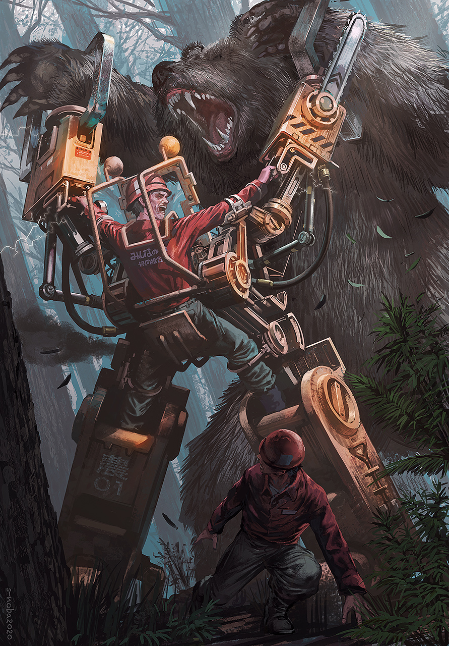 2boys, bear, chainsaw, fighting, forest, helmet, highres, male_focus