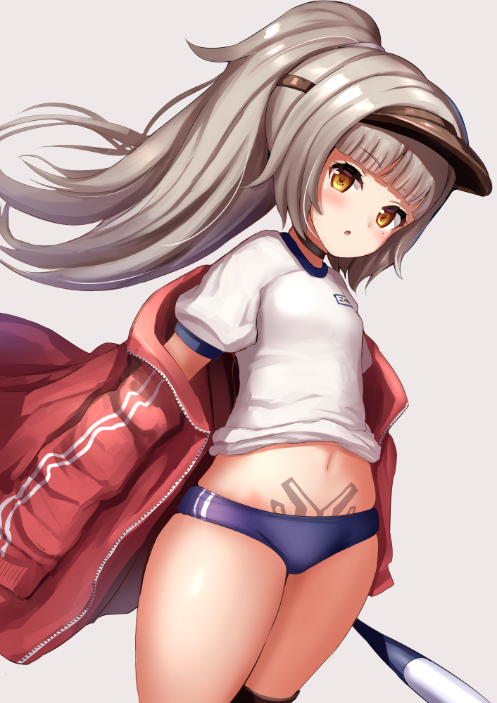 1girl, azur_lane, baseball_bat, black_legwear, blush, breasts, brown_eyes, buruma