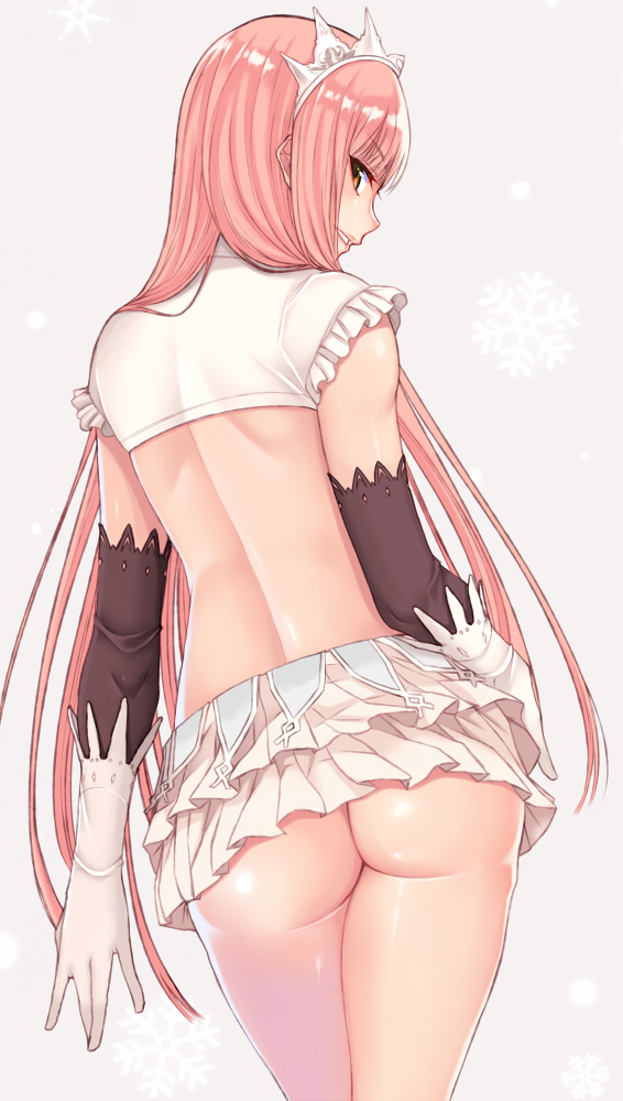 1girl, ass, back, blush, brown_eyes, cocq_taichou, crop_top, elbow_gloves
