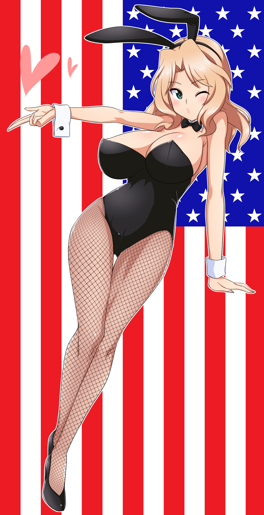1girl, american_flag, animal_ears, artistic_error, bare_shoulders, black_bow, black_bowtie, black_footwear, black_leotard, blonde_hair, blowing_kiss, blue_eyes, bow, bowtie, breasts, cleavage, detached_collar, fake_animal_ears, female_focus, fishnet_pantyhose, fishnets, flag_background, full_body, girls_und_panzer, heart, high_heels, highres, igarashi_(igarashi_346), kay_(girls_und_panzer), large_breasts, leaning_to_the_side, leotard, long_hair, looking_at_viewer, one_eye_closed, pantyhose, playboy_bunny, rabbit_ears, rabbit_girl, solo, strapless, strapless_leotard, thigh_gap, wrist_cuffs