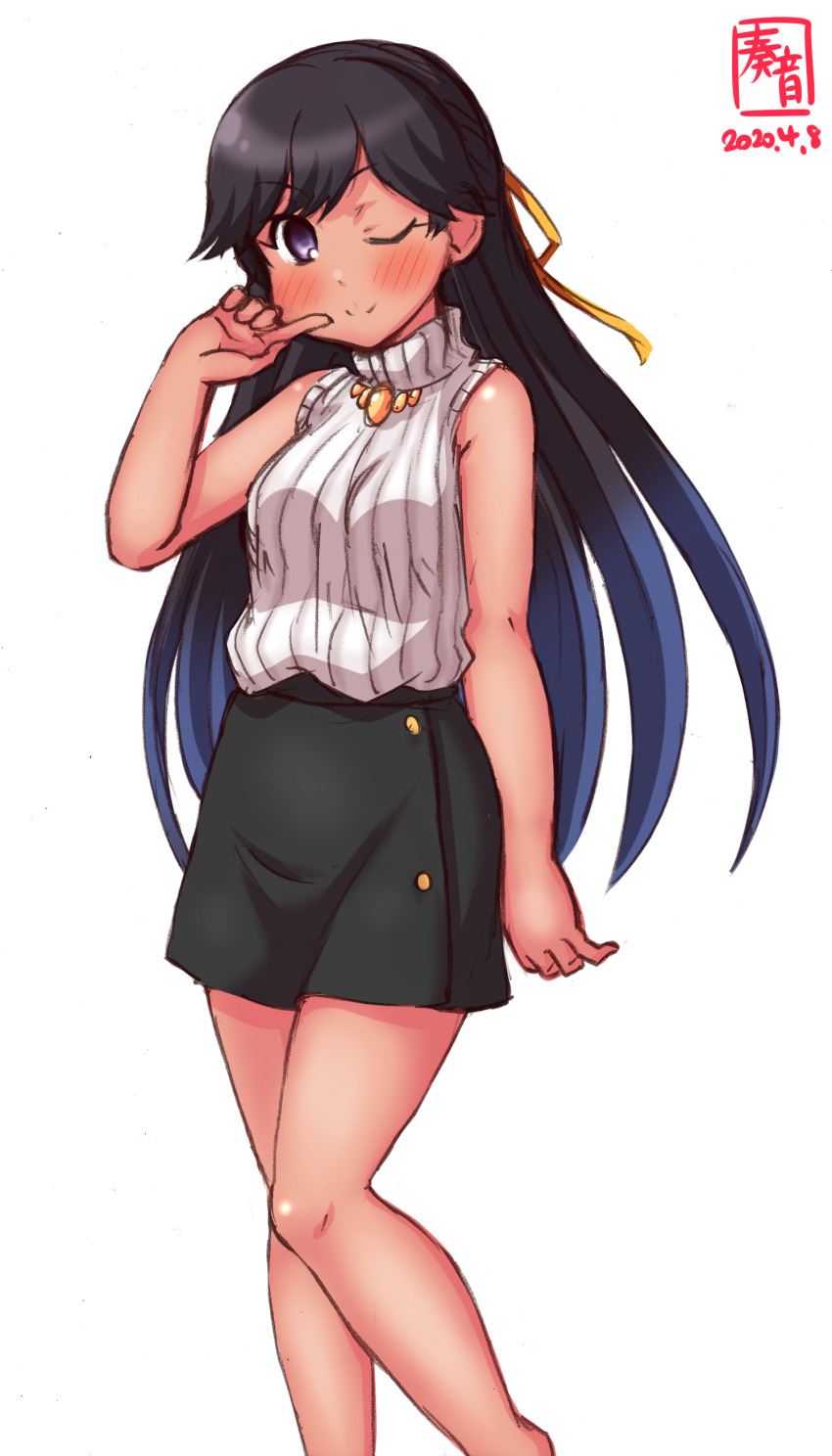 1girl, absurdres, artist_logo, beige_sweater, black_eyes, black_hair, black_skirt, blush