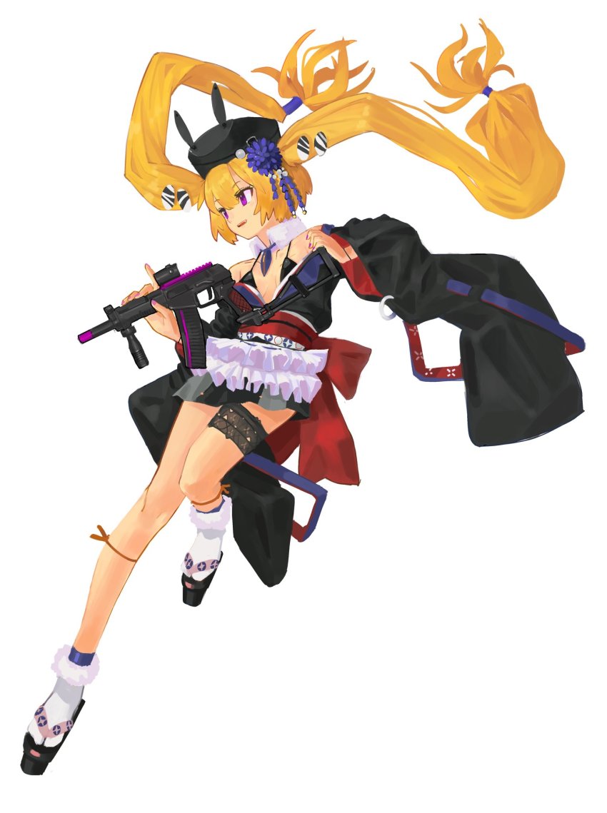 1girl, black_bra, black_footwear, black_hat, blonde_hair, bra, breasts, collar