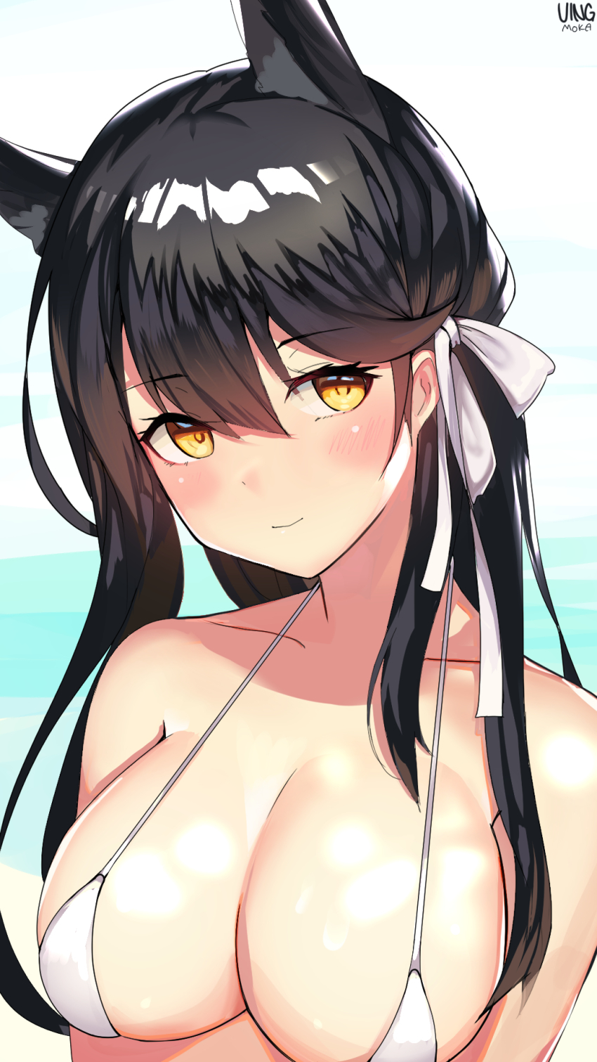 1girl, animal_ears, arms_at_sides, atago_(azur_lane), atago_(summer_march)_(azur_lane), azur_lane, bikini, black_hair
