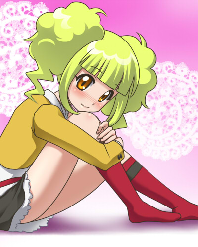 00s, 1girl, arisugawa_aoi, awa, blonde_hair, blunt_bangs, blush, female_focus, hugging_own_legs, jewelpet, jewelpet_(series), lace, legs, looking_back, lowres, on_ground, orange_eyes, red_socks, shadow, short_twintails, sitting, skirt, smile, socks, solo, twintails