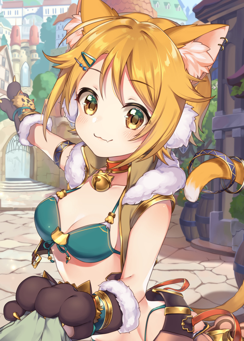 1girl, :3, animal_ear_fluff, animal_ears, animal_hands, armlet, bell, belt