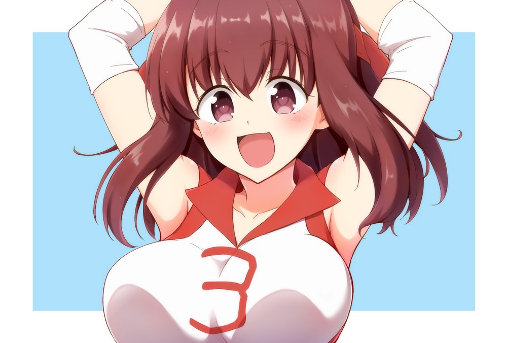1girl, :d, arms_up, blue_background, breasts, brown_eyes, brown_hair, elbow_pads