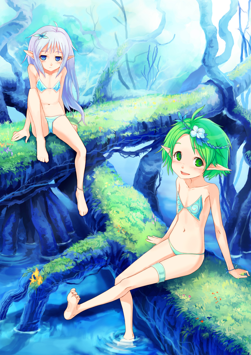 29_(artist), absurdres, arm_support, bad_id, bad_pixiv_id, barefoot, bikini, blue_eyes