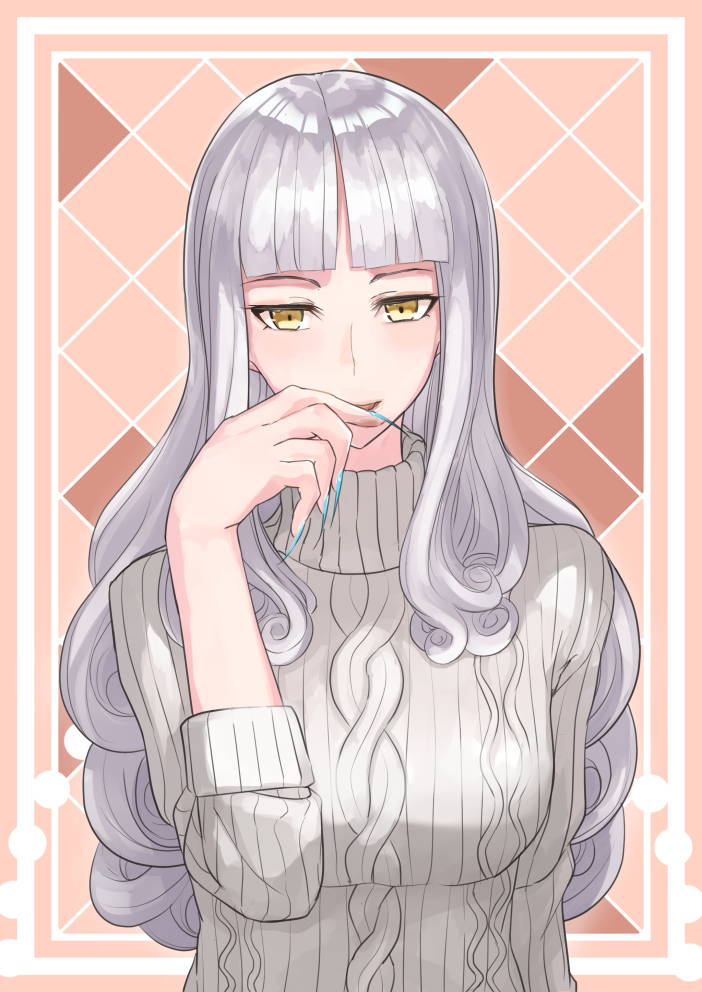 1girl, aran_sweater, blue_nails, blunt_bangs, breasts, cable_knit, carmilla_(fate), commentary_request