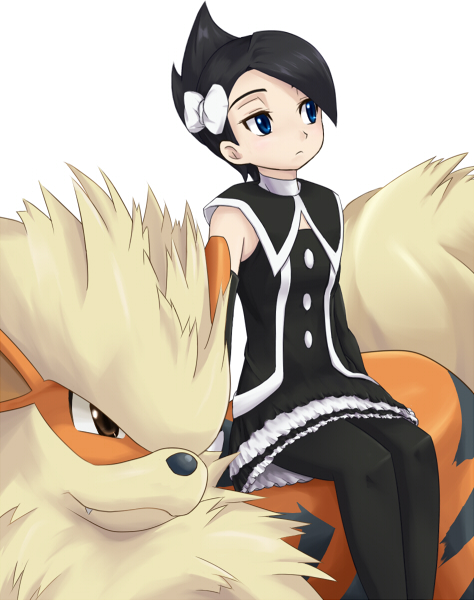 00s, 1girl, arcanine, black_hair, blue_eyes, bow, gen_1_pokemon, gothic_lolita