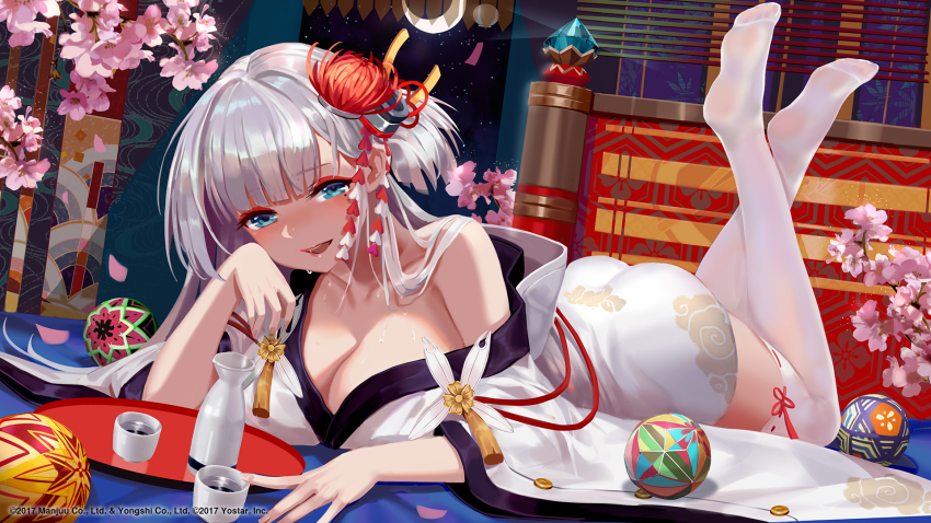1girl, :d, alcohol, ass, azur_lane, ball, bed, bed_frame, bed_sheet, blunt_bangs, blush, breasts, choko_(cup), cleavage, collarbone, crescent_moon, cup, d._(ddot2018), drunk, eyeshadow, female_focus, flower, foreshortening, hair_flower, hair_ornament, highres, indoors, japanese_clothes, kimono, large_breasts, legs_up, long_hair, looking_at_viewer, lying, makeup, moon, night, no_shoes, nose_blush, off_shoulder, official_art, on_bed, on_stomach, open_mouth, petals, pink_flower, ribbon-trimmed_legwear, ribbon_trim, sake, shoukaku_(azur_lane), silver_hair, single_bare_shoulder, sky, smile, solo, sweat, tassel, temari_ball, thighhighs, tokkuri, tray, white_kimono, white_thighhighs, wind_chime, window, window_blinds, zettai_ryouiki
