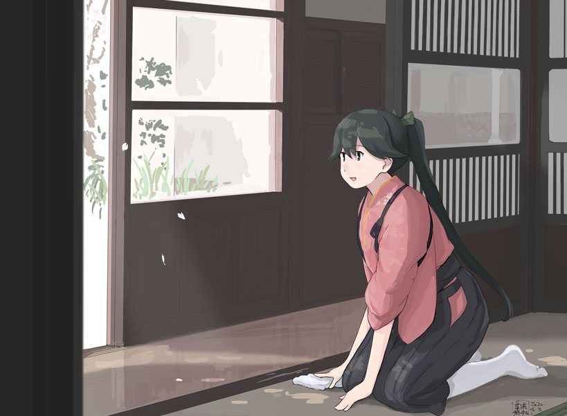 1girl, blue_hair, blush, cherry_blossoms, cleaning, cloth, female_focus, floral_print